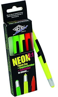 WEDO 261610499 3-in-1 Touchpen, Kugelschreiber und Textmarker, (4er Pack), 2x neongelb, neongrün, neonorange