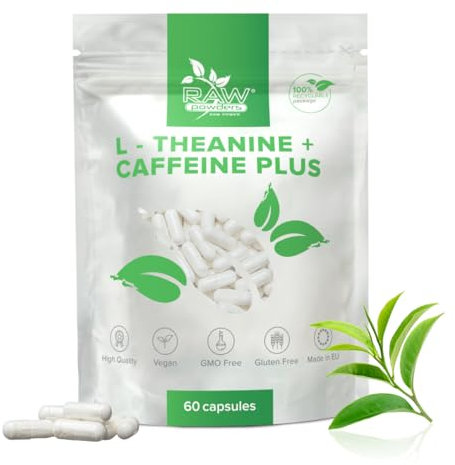 L-Theanin 250mg + Koffein 100mg, 60 Caps – Unterstützung für Entspannung & Fokus – Reine Zutaten, GMO- & Glutenfrei – GMP-zertifiziertes Nahrungsergänzungsmittel von Raw Powders