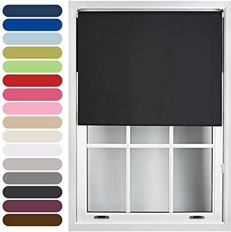 FURNISHED Roller Blinds Thermal Blackout Roller Blind - Trimmable Insulated UV Protection Child Safe Easy Fit Home Office Window Blinds, Black, 85W x 165H cm