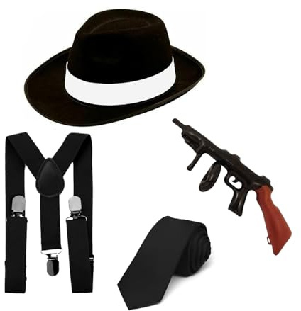 Edozos 1920er Jahre Herren Kostüm Zubehör Mafia Gatsby Gangster Kostüm Set mit Gangster Hut, Hosenträgern, Krawatte & Aufblasbare Tommy Gun für Prom Cosplay Event Gangster Party, Schwarz ,