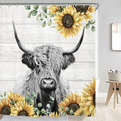 Riyidecor Sonnenblumen-Highland-Kuh-Duschvorhang für Badezimmer-Dekoration, 72x72 H, rustikal, Bauernhaus, Stier, lustiges Bauernhof, Tier, Land, Rinder, Blume, wasserdicht, 12 Stück Kunststoffhaken