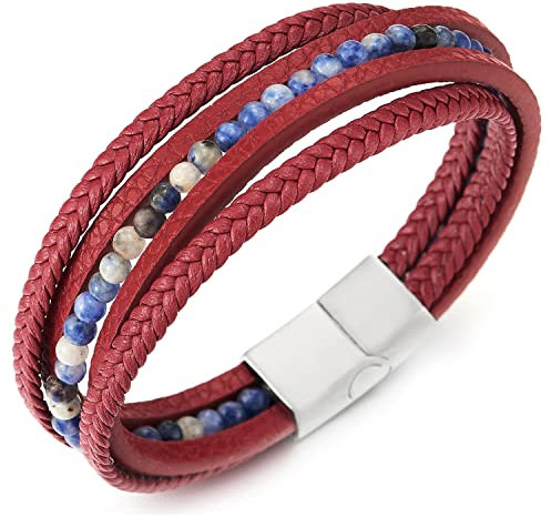 COOLSTEELANDBEYOND Multi-Strang Armband Edelsteine Wulst Kette Rot Geflochtene Leder Schweißband Edelstahl Magnetverschluss