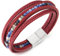 COOLSTEELANDBEYOND Multi-Strang Armband Edelsteine Wulst Kette Rot Geflochtene Leder Schweißband Edelstahl Magnetverschluss