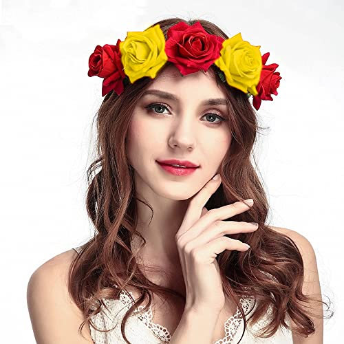FFWTPY Halloween Flower Crown Stretch Headband for Women Girls Boho Floral Hair Band Rose Festival Head Band Garland Headpiece Bridal Headbands Headdress Day of The Dead Headwear for Wedding Party