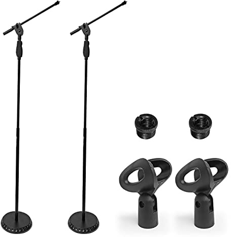 AxcessAbles MS-201RB One Hand Microphone Stand with Weighted Heavy Round Base and Quick Grip Height Adjustment - Telescoping Mic Boom Arm Included. Tall Microphone Stand for Singing 2-Pack