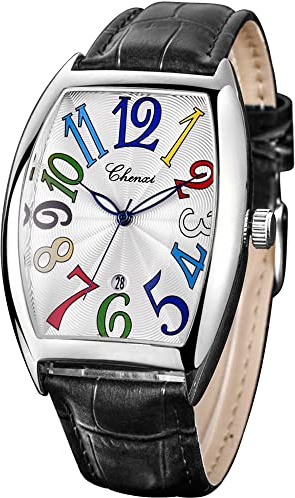 Tiong Square Leather Band Men's Luminous Design Quartz Watch, White Arabic Numerals Digital Quartz Leather Band Watch with Box for Men