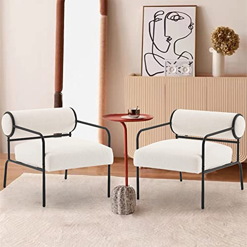 Mingone 2er Set Sessel Weiß Cocktailsessel Modern Loungesessel Ohrensessel Lammwolle mit Schwarz Metallbeinen für Wohnzimmer Schlafzimmer bis 120kg