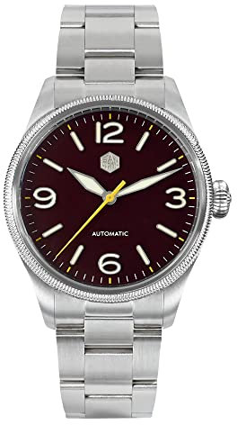 San Martin SN0033G2 Herren-Pilotenuhr, 38,5 mm, Retro-Design, geschnitzte Münz-Lünette, YN55, automatische mechanische Armbanduhr, Rot/Ausflug, einfarbig (Getaway Solids), Mechanisch