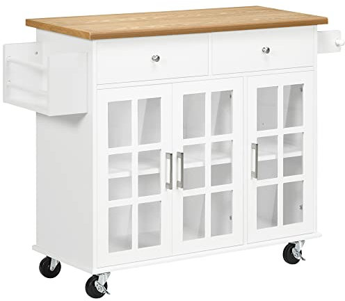 HOMCOM Carro de Cocina Isla de Cocina con Ruedas Multifuncional con 2 Cajones 3 Puertas de Vidrio Templado Toallero y Especiero 124,5x39,5x90 cm Blanco