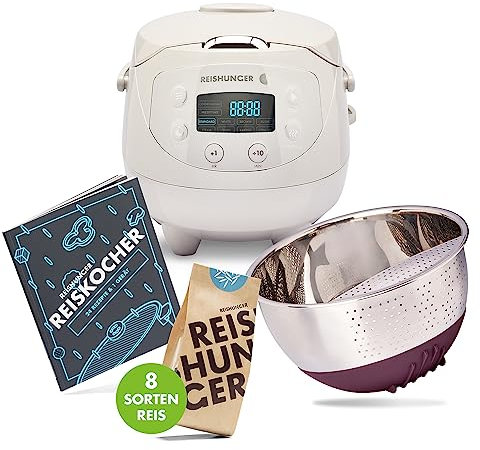 REISHUNGER Digitaler Reiskocher klein, grau | 0,6 L bis 3 Personen | 11-teiliges Starterset inkl. Reiswaschschüssel, Kochbuch & 8 Sorten Reis