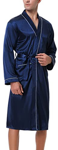Bresdk Peignoir Homme Satin Peignoir de Bain Robes de Chambre Manches Longues Vêtement de Nuit Pyjama Kimono Léger et confortable couleur unie, Bleu, XXL
