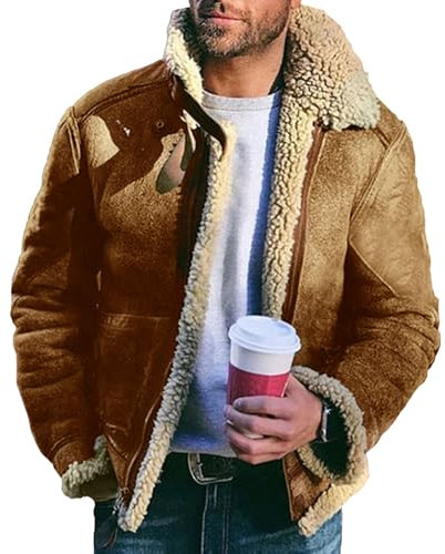 ZDJSWJ Veste polaire homme en similicuir Veste poids lourd avec col en fourrure Sherpa doublure Vintage manteau de moto (Couleur Kaki,4XL)
