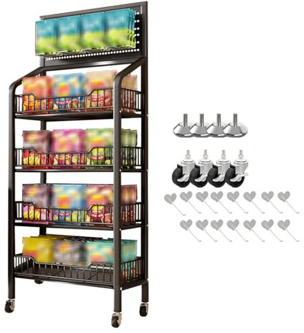 Estante de aperitivos del supermercado Estanteria Snacks Supermercado, Expositores de Mercancía Estantería de alambre metálico con 15 Ganchos/4 Pies Alfombrilla/ 4 Ruedas, Expositor para tiendas ( Col