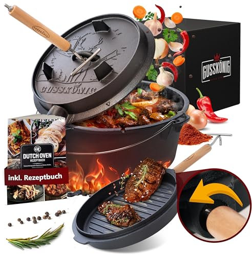 GUSSKÖNIG Dutch Oven Set - Eingebrannter Dutch Oven 11 Liter - Feuertopf Gusseisen mit Füßen - Schmortopf Doppelfunktion - inkl. 2in1 Deckelheber, DutchOven Rezeptbuch [für 7-9Personen]