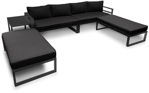 Perel Salon de Jardin Aluminium Noir, Ensemble de Jardin 8 Personnes avec Table d’appoint, Coussins d’Assise et de Dossier, Salon d’extérieur résistant aux intempéries pour terrasse Balcon et Jardin