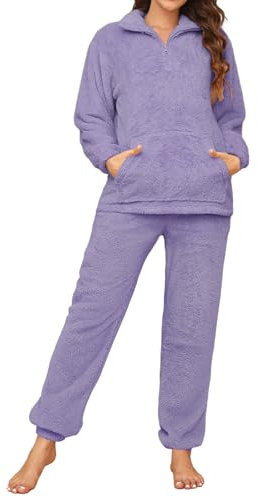 RITOSTA Pigiama Donna Invernale Felpato Pigiama Invernale in Pile Morbido Pigiami Stitch Lungo Pigiama Natalizio Tuta Termica Due Pezzi Donna con Felpa Pile di Cerniera,Pantalone (Viola,L)