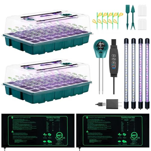 Hugbow Pflanzenkeimausrüstung, 2er-Pack Tablett mit Lichtern, 3-in-1 Bodenmessgerät 80-Zellen-Schale