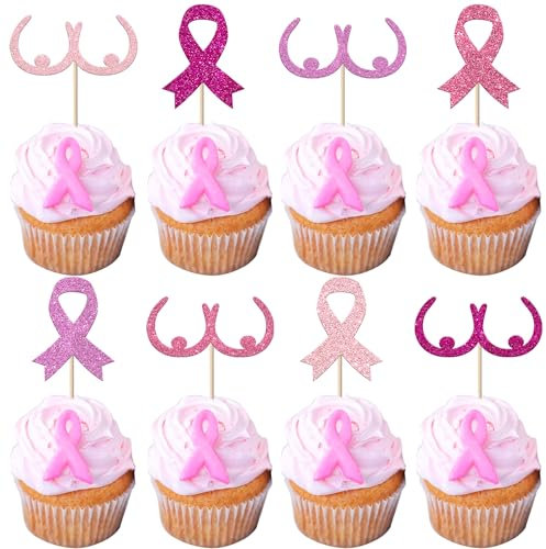 SYKYCTCY 24 Pack Breast Cancer Awareness Cupcake Toppers Glitter Ribbon Fight Beliveve Hope Cupcake Picks Believe Hope Pink Ribbon Cupcake Decorations Party Supplies Multi