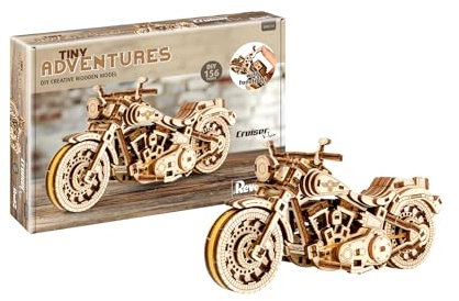 Revell 00614 - Tiny Adventures - Moto Cruiser V-Twin - Kit de modelo de madera a escala 1:13 - con motor Pull Back & Go - Longitud 18 cm