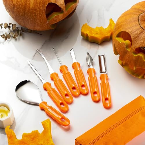Qintora Kit di Scultura per Zucche di Halloween, 7 Pezzi - Strumenti in Acciaio Inossidabile per Decorazione e Fai-da-te, Ideale per Famiglie e Bambini