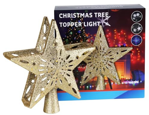 Homewit Christmas Tree Topper Decorations,3D Christmas Tree Topper Projector Light Star Snowflake Tree Topper with Rotating LED Adjustable Light with Chain for Xmas Tree Topper Gift Decor(Golden)