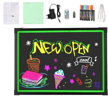 Leuchtende Werbetafel, 60x80cm DIY-Design Leuchttafel, 0.36W LED Schreibtafel, 18 Lichteffekte Writingboard mit Fernsteuerung 8 Neon Stifte Kann in Wohnungen, Geschäften und Kneipen Verwendet Werden