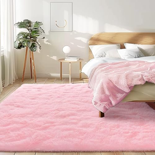BSGIFT Teppich Rosa 140x200, Shaggy Flauschiger Teppich Wohnzimmer Langflor Wohnzimmerteppich High-Pile Carpet rutschfest, Modern Teppiche für Schlafzimmer Kinderzimmer Bettvorleger