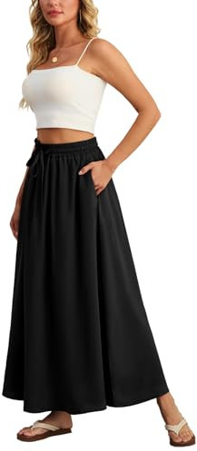 Ninee Damen Maxirock Faltenrock Sommer Hohe Taille Lässig Lange Röcke mit Taschen (Black,Large)