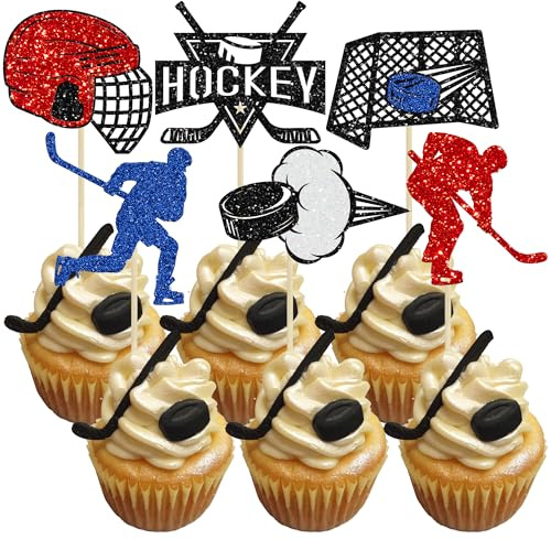 Gyufise Hockey-Cupcake-Topper, schwarzer Glitzer, Hockeyspieler, Cupcake-Picks, Eishockey-Sportthema, Babyparty, Jungen, Mädchen, Geburtstagsparty, Kuchendekorationen, Zubehör, mehrfarbig, 24 Stück