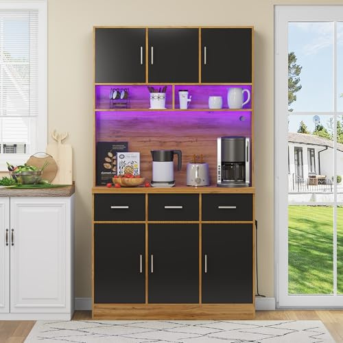 KUAKE Küchenoberkante,Multifunktionales Buffetschrank mit LED-Beleuchtung mit 3 Schubladen, verstellbare Regale MDF, Aufbewahrungsschrank ﻿ (Naturfarbene+Schwarzer)