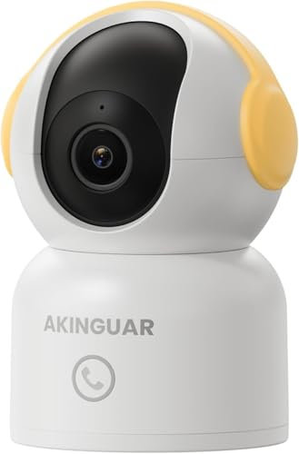 AKINGUAR 2K 3MP WLAN Überwachungskamera Innen, 2,4/5GHz WiFi IP Kamera 355° PT Kamera mit Automatische Verfolgung, 2-Wege-Audio, One-Touch Call, IR-Nachtsicht,für Babys/Haustiere, Gelb