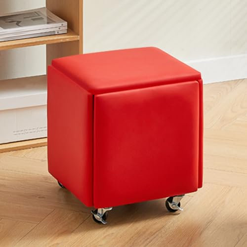 5-in-1 bunter Sitzwürfel aus PU-Leder mit Drehrollen, stapelbar, Sofa, Stuhl, Hocker für Wohnzimmer, Schlafzimmer, Rot