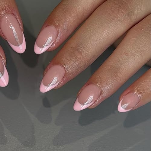 KQueenest 30 Pcs Pink French Tip False Nails Short Medium Almond, French Tip False Nails Short Stiletto, Custom Thick Acrylic Fake Nails Set Natural Nude Gel Stick on Nail for Women Daily Wedding Wear