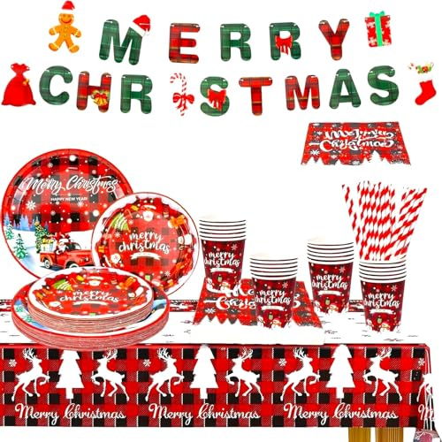 KAHEIGN 127Pcs Christmas Party Paper Tableware Set, 25 x Dinner Plates, 25 x Salad Plates, 25 x Cups, 25 x Napkins & Paper Straws, 1 x Table Cloth & Banner - for Holiday Christmas Party Decoration