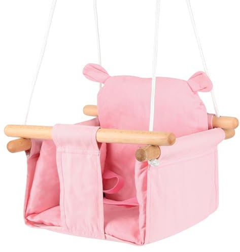 WODFARR Columpio Bebe, Columpio Asiento de Tela con Marco de Madera, Cojín Suave Altura Ajustable para Interior y Exterior para Bebe y Niños 29x29x33 cm (Rosa)