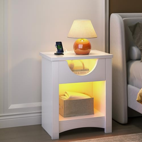 Bestier Bedside Table with LED Light & USB Port & TypeC, Modern Nightstand with Half-moon Translucent Ribbed Acrylic & 1 Wooden Storage Drawer & Open Cupboard for Bedroom Living Room Office (One set)