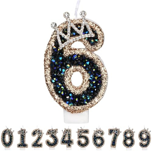 Gleemix Geburtstagskerzen Krone Zahlen 6, Schwarz Zahlenkerze Glitzernde, Cake Topper 6. Geburtstag für Geburtstag Party, Hochzeiten, Firmenfeiern, Jubiläen, Birthday Candle Nummer