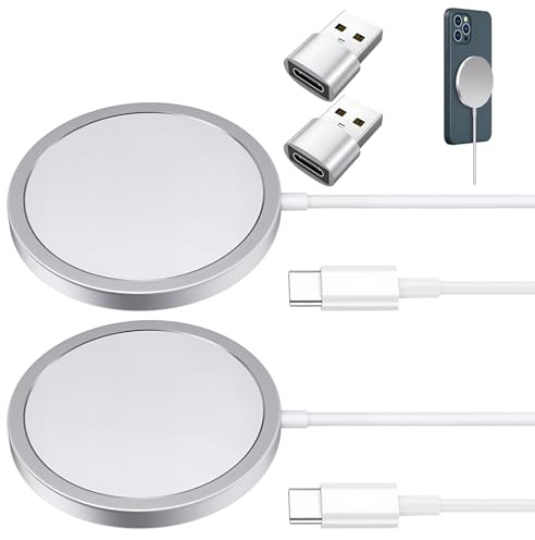 2 Pack Magnetic Wireless Charger, 15W Fast Charging Pad, Magnetic Charging Station with USB-A/USB-C Cable, Compatible with Smartphones and Earbuds Wireless Charging Case, with Dual Charging Ports