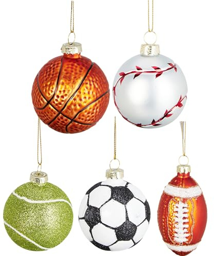 Annastore Christbaumschmuck 5er Set Sportbälle Glas Glitzer Ø 6 cm Deko | Baumhänger für Weihnachtsbaum, moderne Weihnachtsbaum Deko, lustige Motive für Advent, Tannenbaum, Zweige & Geschenk