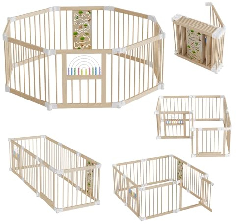 ACXIN Laufgitter Faltbar mit Tür, 8 Elemente Playpen Laufstall Baby Holz für Wohnzimmer Kindergarten, Stabiler Baby Laufstall als Absperrgitter Baby, Flexibles Laufgitter Krabbelgitter(ohne Matte)