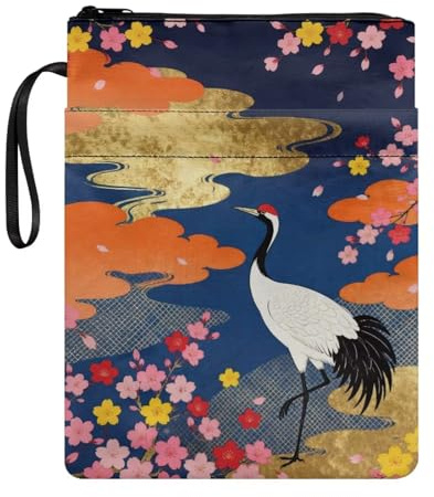 Poceacles Book Sleeve for Paperbacks Book Pouch with Pockets and Zipper, Hardcover Textbook Storage Bag, Red-Crowned Crane Cherry Blossom Pattern Japanese Style Graphic Asian Oriental Aesthetic