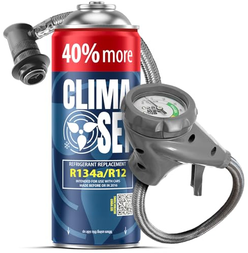 CLIMASET - Kit di ricarica per climatizzatore auto - Gas R134a e olio + tubo flessibile - Per veicoli dal 1994 al 2016, tubo flessibile moderno e facile da usare, manometro