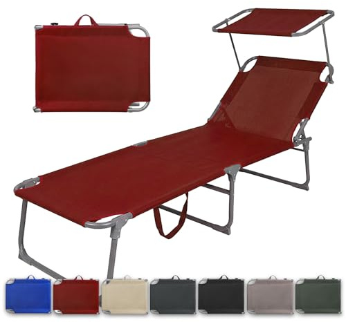 Montafox Sonnenliege klappbar 195 x 60 x 34 cm tragbarer Liegestuhl bis 150 kg mit Sonnendach Verstellbarer Rückenlehne für Garten Pool Terrasse Strand, Farbe:dunkelrot