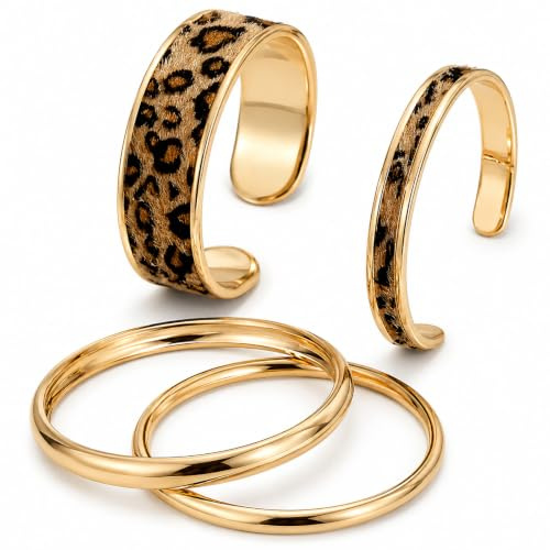 Nurila 4 Stück Armreif Gold, Armband Gold Damen, Metall, Leopard Look | Armreifen und Bangles für Party, Urlaub und Alltag; Gold Schmuck im Leopardenmuster zum Kombinieren