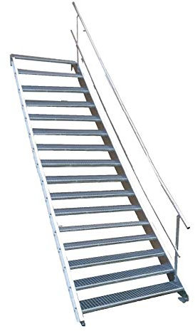 16 Stufen Stahltreppe mit einseitigem Geländer/Breite 90cm Geschosshöhe 274-340cm / Robuste Außentreppe/Wangentreppe/Stabile Industrietreppe für den Außenbereich/Inklusive Zubehör