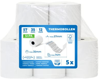 Premium EC Cash Thermorollen mit SEPA-Lastschrifttext | B: 57mm – DM: 35mm – Kern DM: 12mm – L: 14m für Bondrucker, Kassendrucker, Tischrechner, Bluetooth-Drucker (5 Rollen)