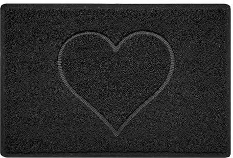 Nicoman Heart Shape Embossed Entrance Door Mat Non Slip Dirt Trapper PVC Spaghetti Mat with Rubber Base, Jet Washable Quick Drying Doormat Indoor or Outdoor - (Small, Black, 60 x 40cm)