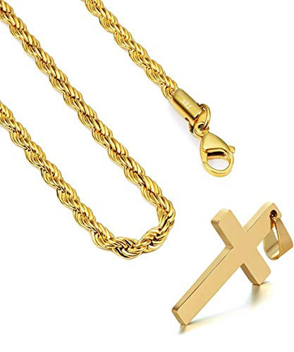 FZTN Jewelry 2mm Gold Rope Chain with Cross Pendant Necklace for Men Women Teens Boys 22 Inch