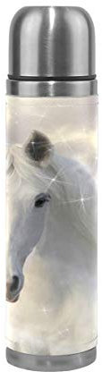 BKEOY Bouteille Gourde de voyage isotherme en acier inoxydable à double paroi anti-fuite avec motif cheval en 3D Blanc 500 ml