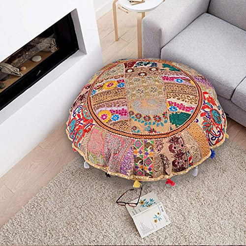 flyingasedgle Indisches handgefertigtes buntes Bodendekor-Kissen, rund, 81,3 cm, Bohemian-Meditationskissen, Bodenkissen, indischer Sitzhocker (beige)